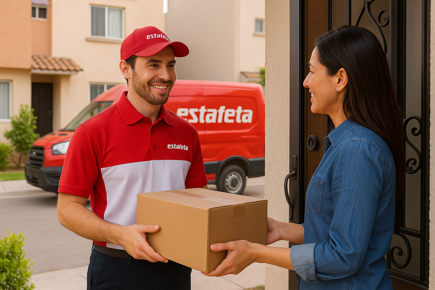 Personal de paqueteria estafeta entregando una caja a un domicilio